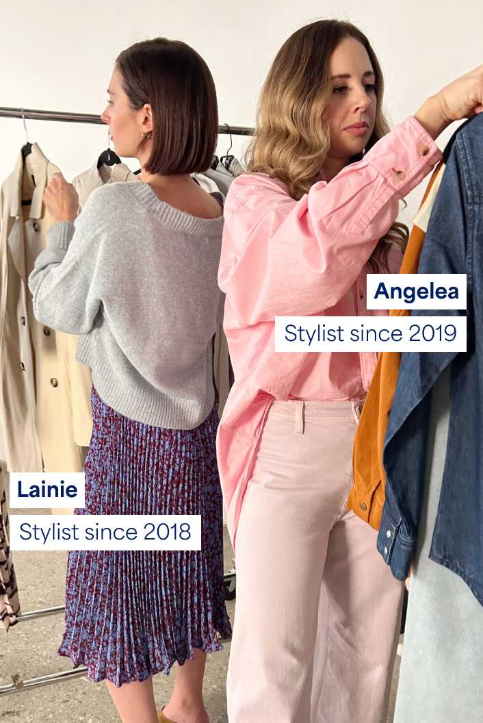 Lainie, Stylist since 2018. Angelea, Stylist since 2019. Two Stitch Fix Stylists selecting items from clothing racks including trench coats and denim jackets.