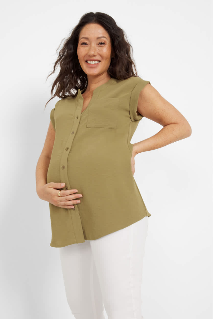 Pregnant model wearing Stitch Fix maternity clothing including jean jacket and green dress; kid’s model wearing striped shirt.