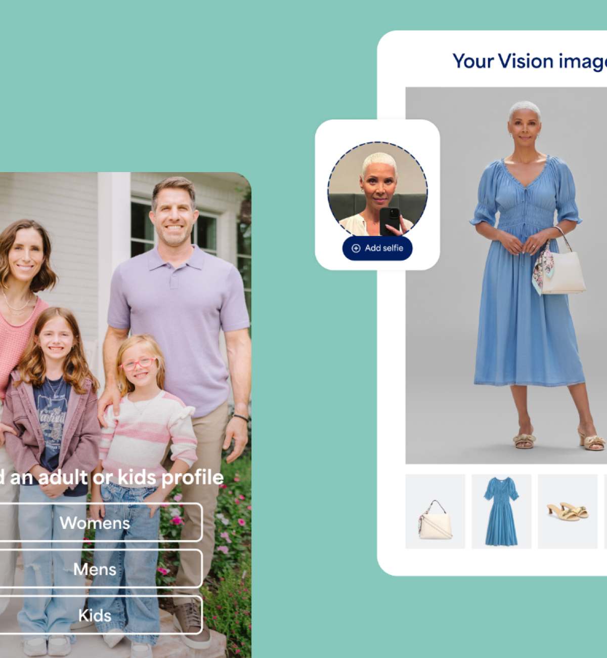 AI-generated image of woman in blue dress with white bag and selfie of woman for virtual try-on