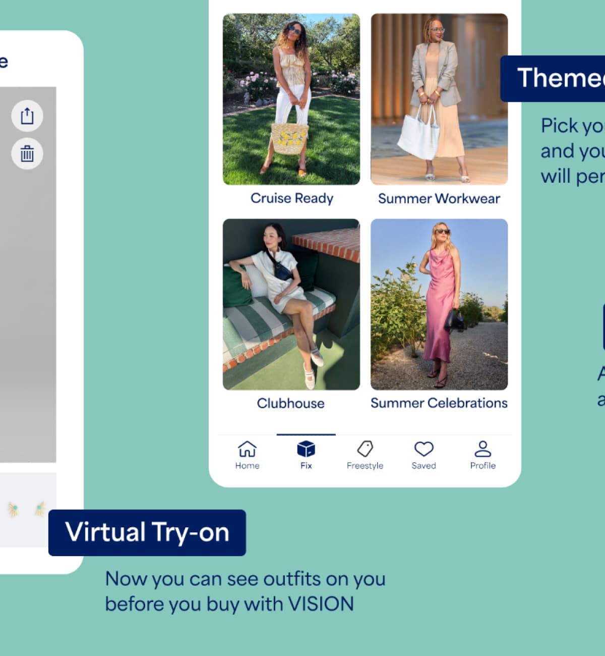 A promotional image for “Themed Fixes” featuring curated seasonal style themes. Text reads “Pick your theme and your Stylist will personalize it”
