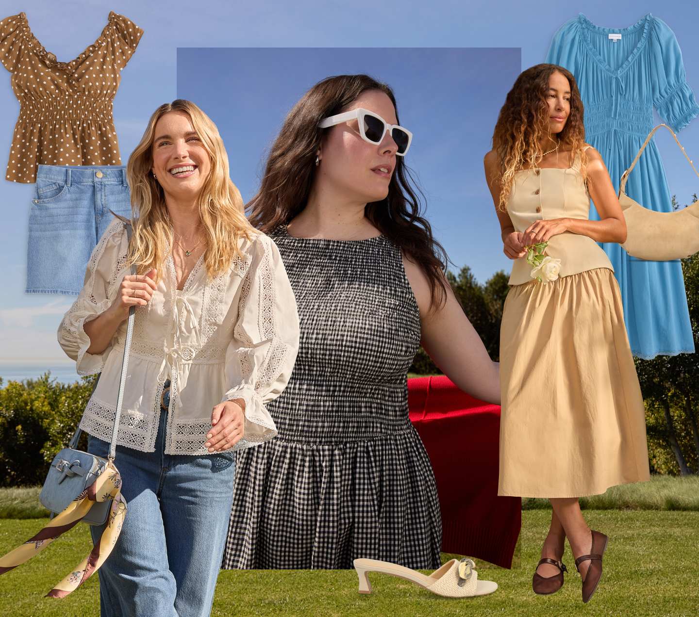 Collage of three women outside wearing stylish summery outfits