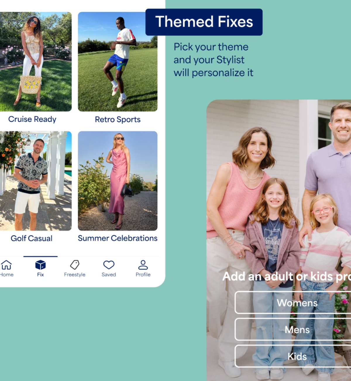 A promotional image for “Themed Fixes” featuring curated seasonal style themes and a family profile feature. Text reads “Pick your theme and your Stylist will personalize it” and “Add an adult or kids profile.” Theme options shown include “Cruise Ready,” “Summer Celebrations,” “Golf Casual,” and “Festival,” alongside profile options for “Womens,” “Mens,” and “Kids.”