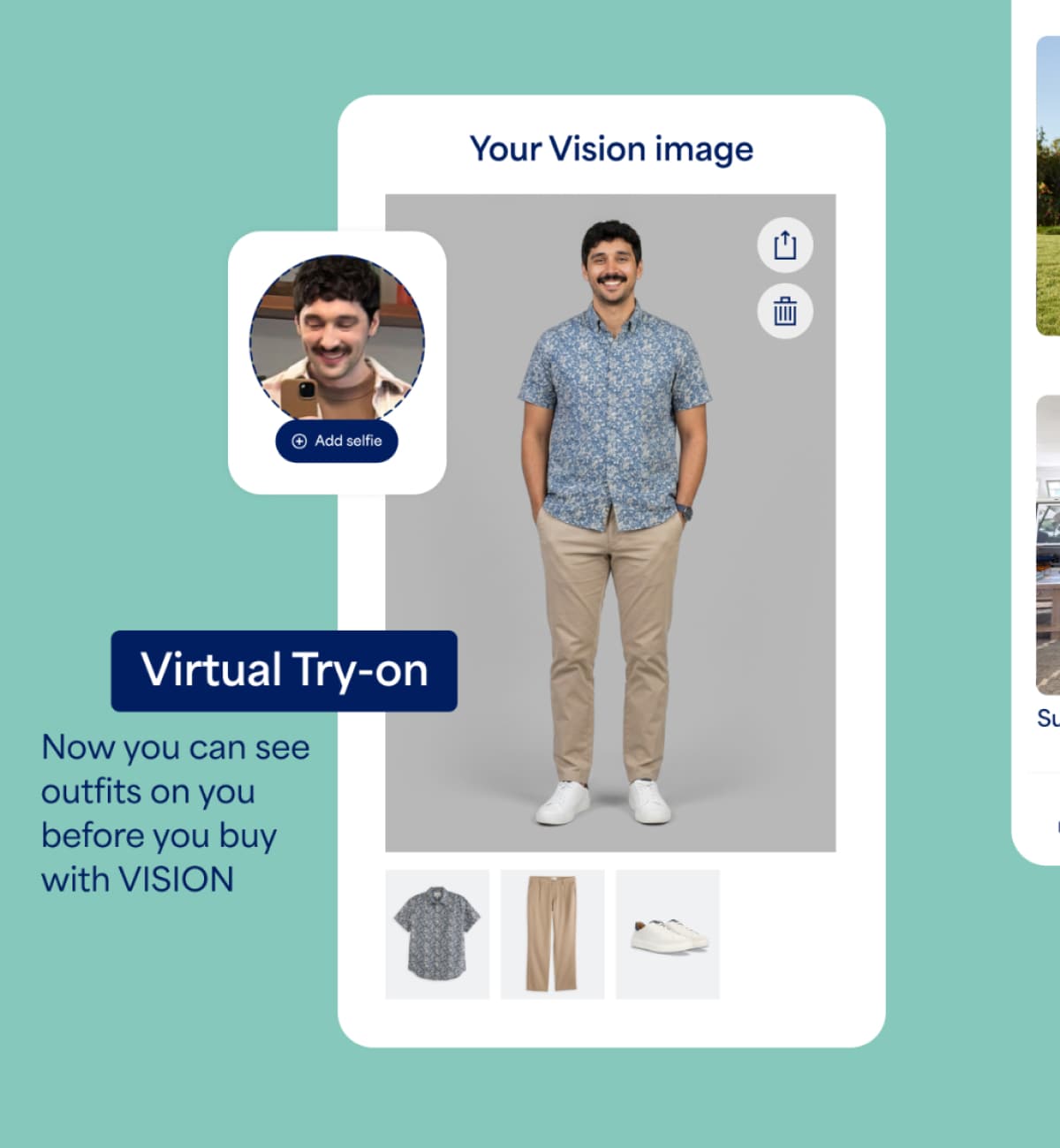A promotional Stitch Fix Vision AI image featuring a man in a light blue polo and cream pants alongside text that reads “VISION AI” and “See how new outfits look on you.” The image includes a styled outfit preview with loafers and coordinated apparel, along with the word “VISION.”