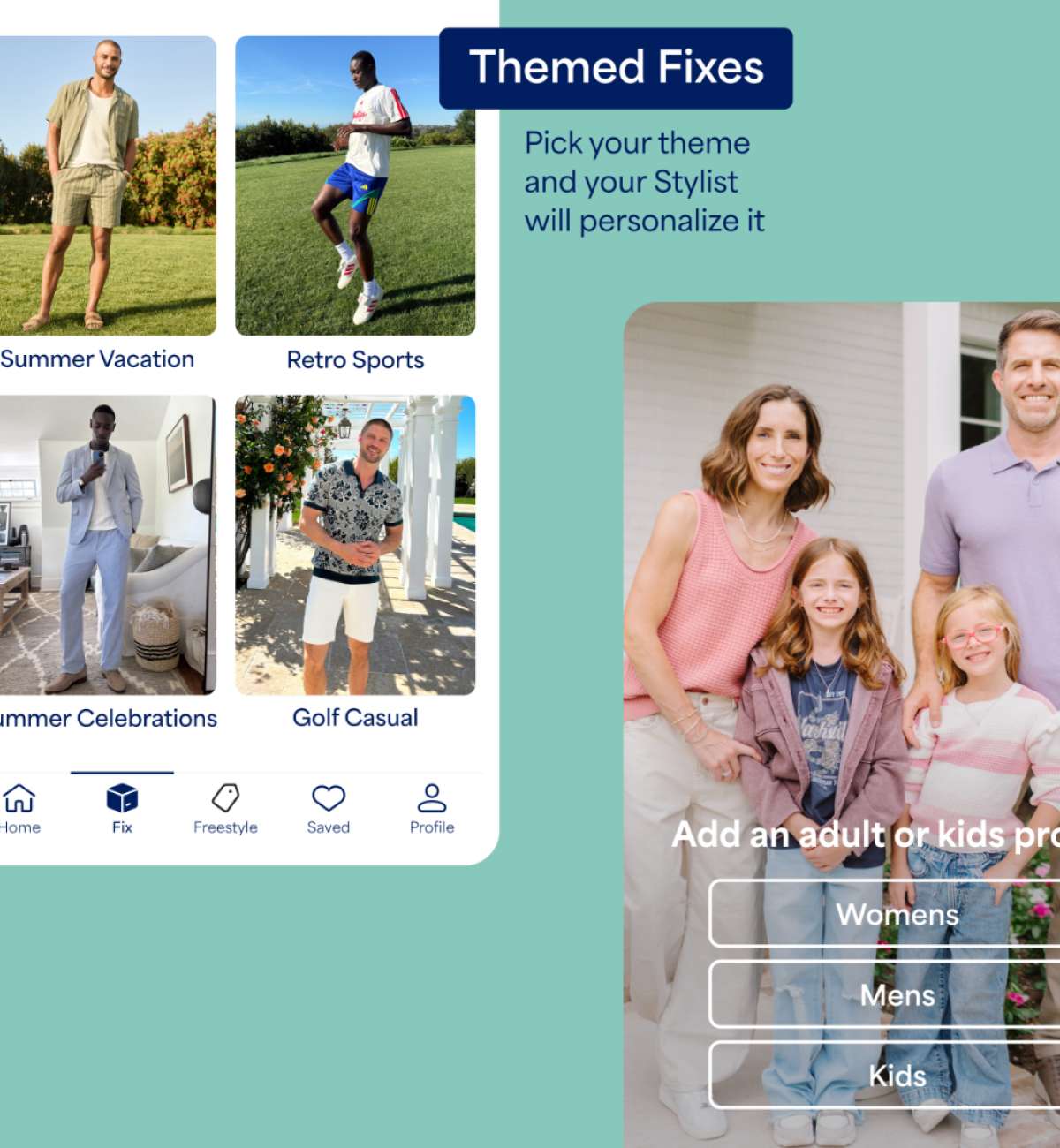 A promotional image for “Themed Fixes” featuring curated seasonal style themes and family profile options. Text reads “Pick your theme and your Stylist will personalize it” and “Add an adult or kids profile.” Theme options shown include “Summer Celebrations” and “Golf Casual,” with descriptions such as “Polished looks for all your summer events” and “Style essentials for the course and beyond.” Profile options shown include “Womens,” “Mens,” and “Kids.”