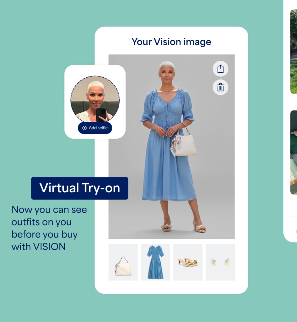 A promotional Stitch Fix Vision AI image featuring a woman in a blue midi dress alongside text that reads “VISION AI” and “See how new outfits look on you.” The image includes a styled outfit preview with matching accessories and the word “VISION.”