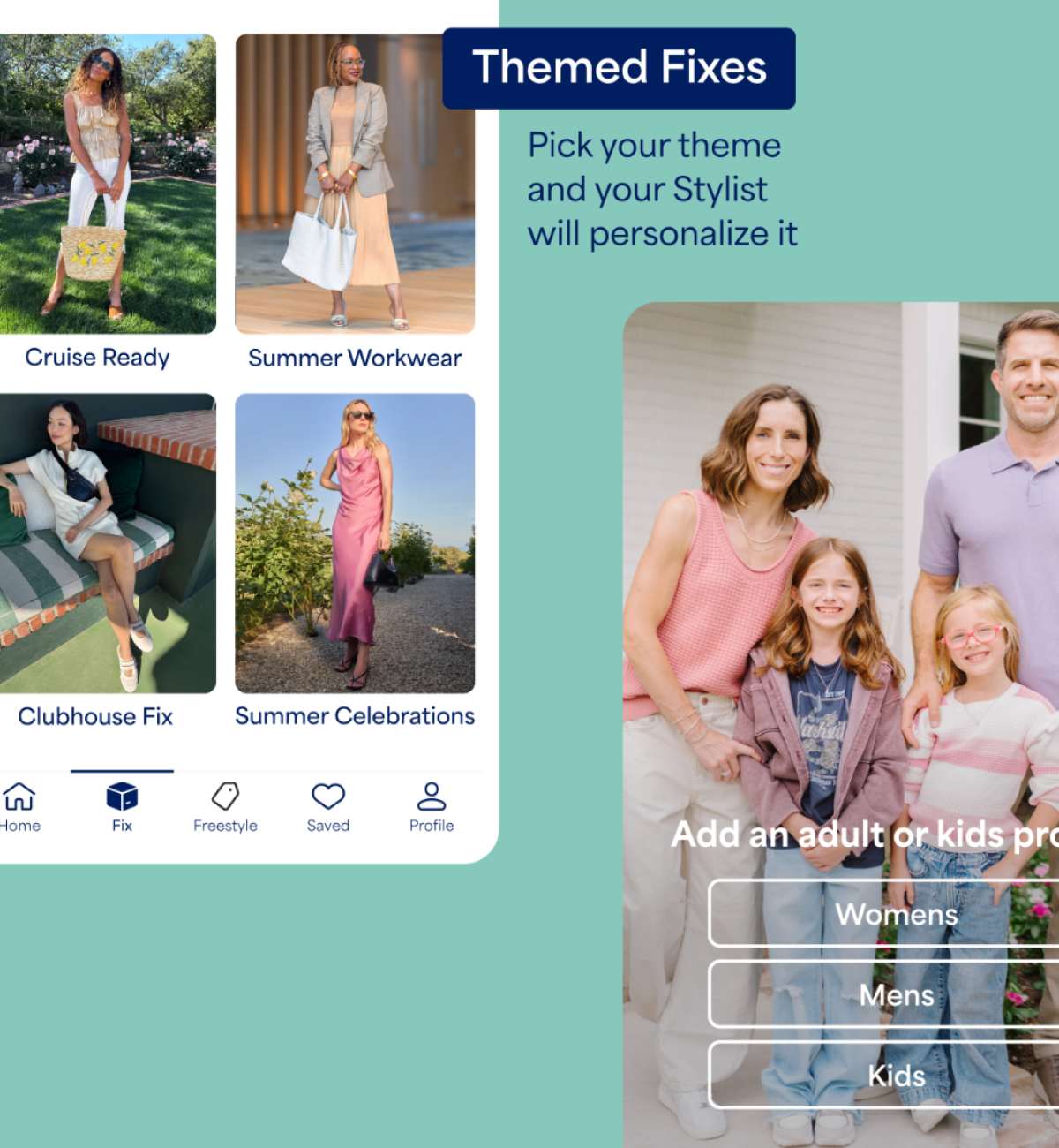 A promotional image for “Themed Fixes” featuring curated seasonal style themes and family profile options. Text reads “Pick your theme and your Stylist will personalize it” and “Add an adult or kids profile.” Theme options shown include “Cruise Ready,” “Summer Celebrations,” “Summer Workwear,” and “Clubhouse,” alongside profile options for “Womens,” “Mens,” and “Kids.”