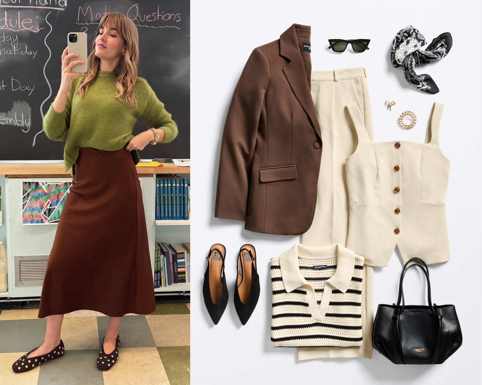 Teacher taking a classroom mirror selfie wearing an olive-green sweater, chocolate-brown satin midi skirt, and embellished flats. Beside her, a curated outfit flat lay features a brown blazer, cream trousers, cream button-front top, striped knit polo, black handbag, black slingback heels, sunglasses, scarf, and gold accessories.