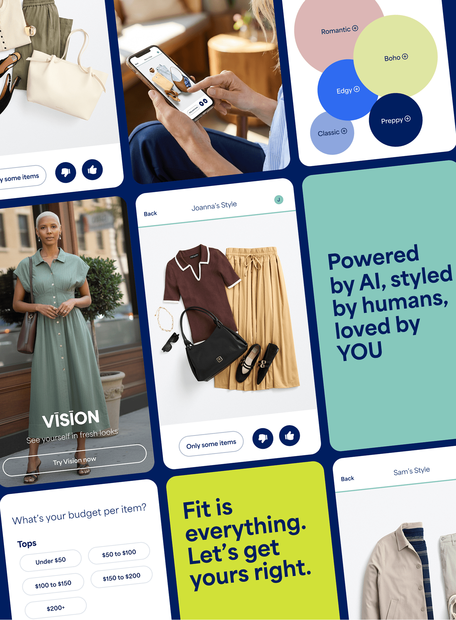 Collage of Stitch Fix styling tools and personalized recommendations. Images show a client reviewing outfit suggestions on a phone, style preferences including Romantic, Boho, Edgy, Classic, and Preppy, a virtual try-on experience labeled "Vision," personalized outfit recommendations for Joanna and Sam, budget selection options, and the messages: "Powered by AI, styled by humans, loved by YOU" and "Fit is everything. Let's get yours right."