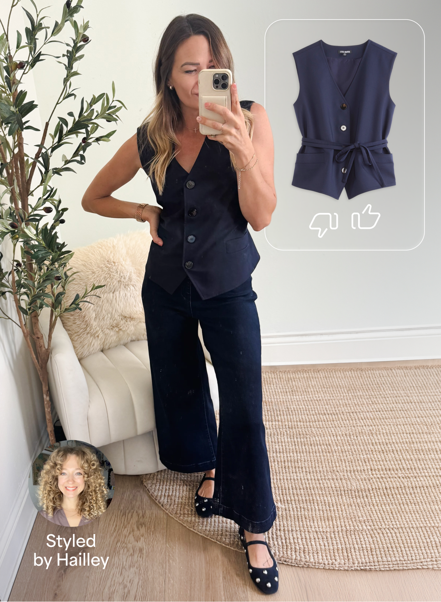 A client takes a mirror selfie wearing a navy vest, wide-leg dark denim jeans, and embellished flats in a bright living space. An inset shows the featured navy belted vest with thumbs-up and thumbs-down feedback icons, highlighting the ability to rate recommended items. A stylist portrait appears with the text: "Styled by Hailley."