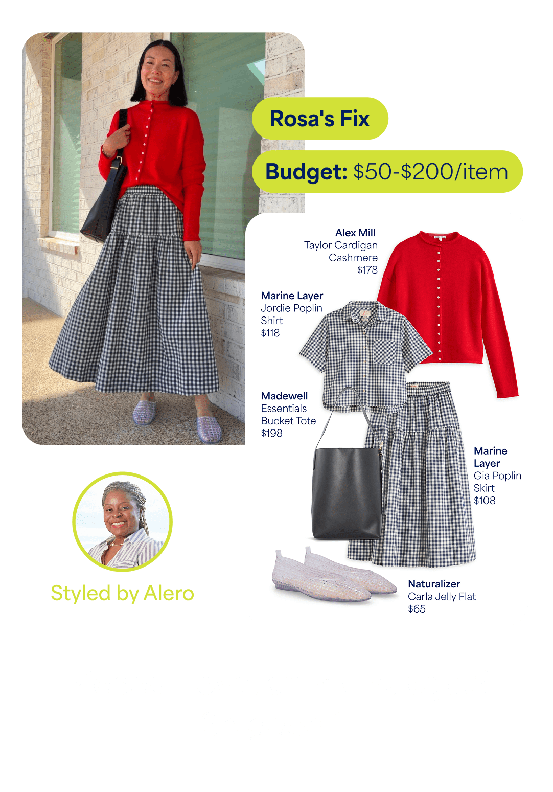Rosa's Fix. Budget: $50–$200 per item. A client wears a bright red cardigan with a black-and-white gingham midi skirt and lavender flats. Styled by Alero. Featured items include an Alex Mill Taylor cashmere cardigan ($178), Marine Layer Jordie poplin shirt ($118), Marine Layer Gia poplin skirt ($108), Madewell Essentials bucket tote ($198), and Naturalizer Carla Jelly flats ($65). Customer quote: "Pieces I love, on my budget? So good."