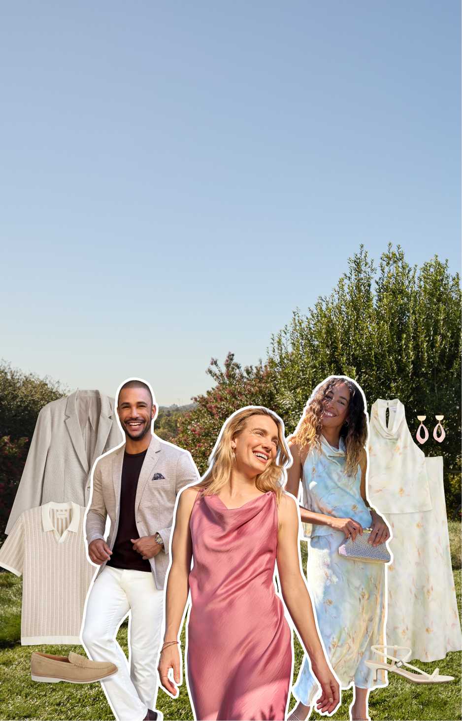 Two men in light blazers and tailored pants and two women in pastel dresses pose outdoors among hanging spring clothing, shoes, and accessories in soft seasonal colors.