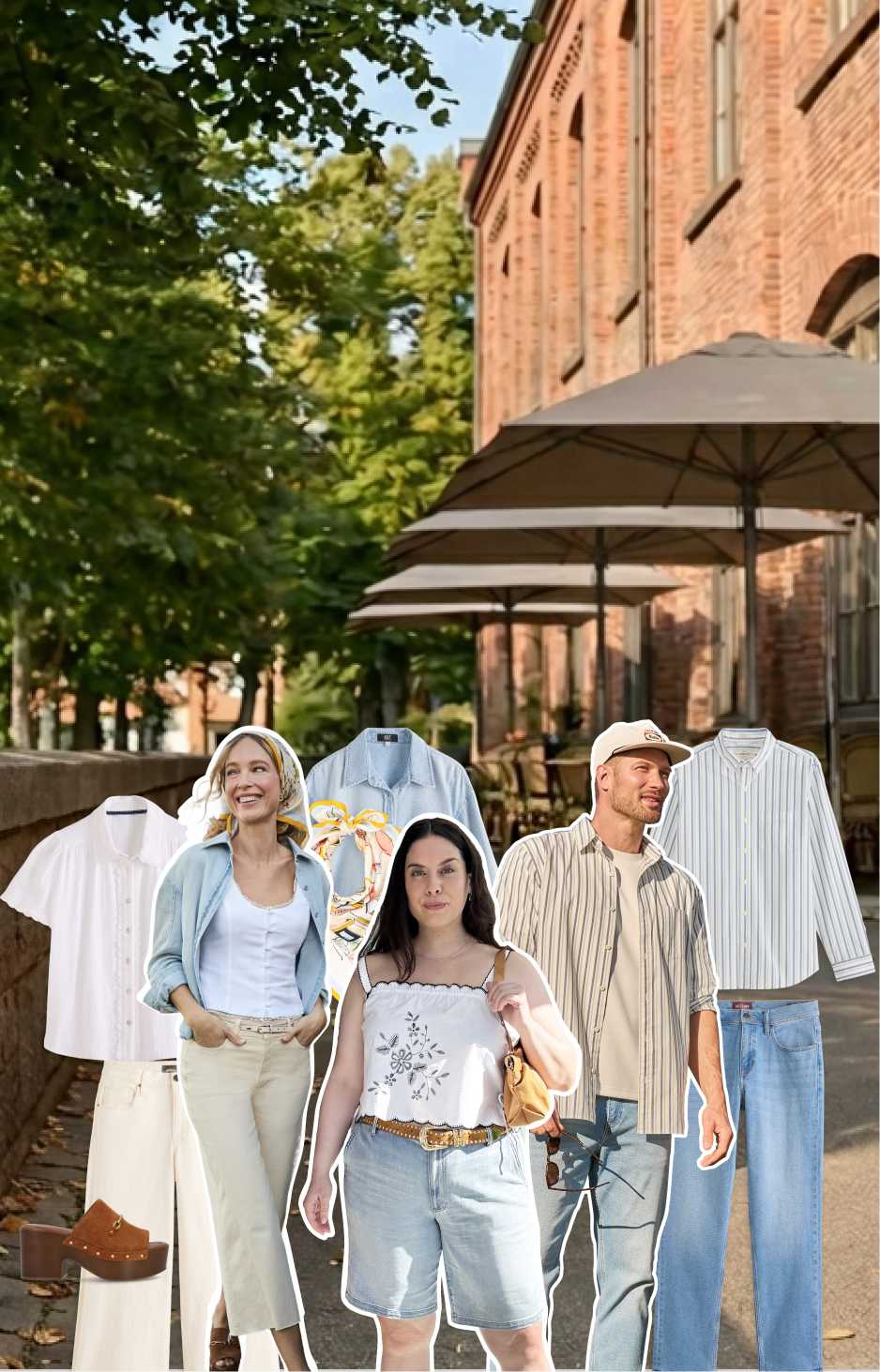 Two women and two men model casual spring outfits with light denim, neutral layers, and soft blue tones on a sunny city street surrounded by hanging clothing and accessories.