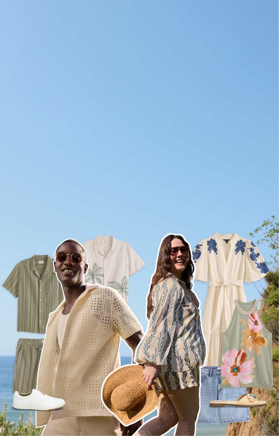 Two women and two men model breezy coastal looks with knit sets, relaxed denim, lightweight layers, and soft neutral tones against an ocean backdrop surrounded by hanging resortwear and accessories.
