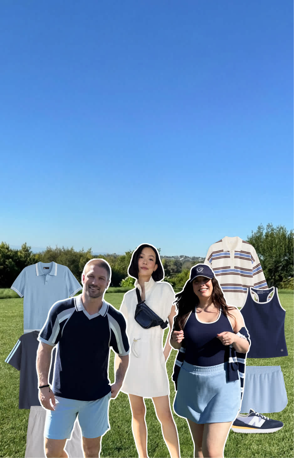Two men and two women model sporty casual looks with polos, skorts, knit layers, and sneakers in soft blues, greens, and neutrals against an open grassy backdrop with hanging apparel and accessories.