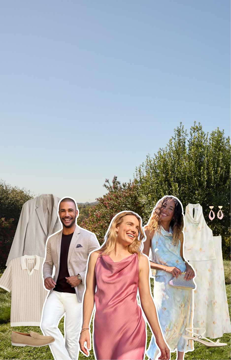 Two men in light blazers and tailored pants and two women in pastel dresses pose outdoors among hanging spring clothing, shoes, and accessories in soft seasonal colors.
