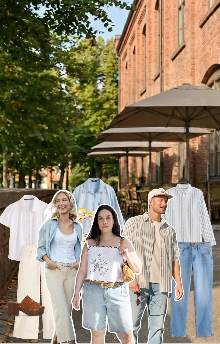 Two women and two men model casual spring outfits with light denim, neutral layers, and soft blue tones on a sunny city street surrounded by hanging clothing and accessories.