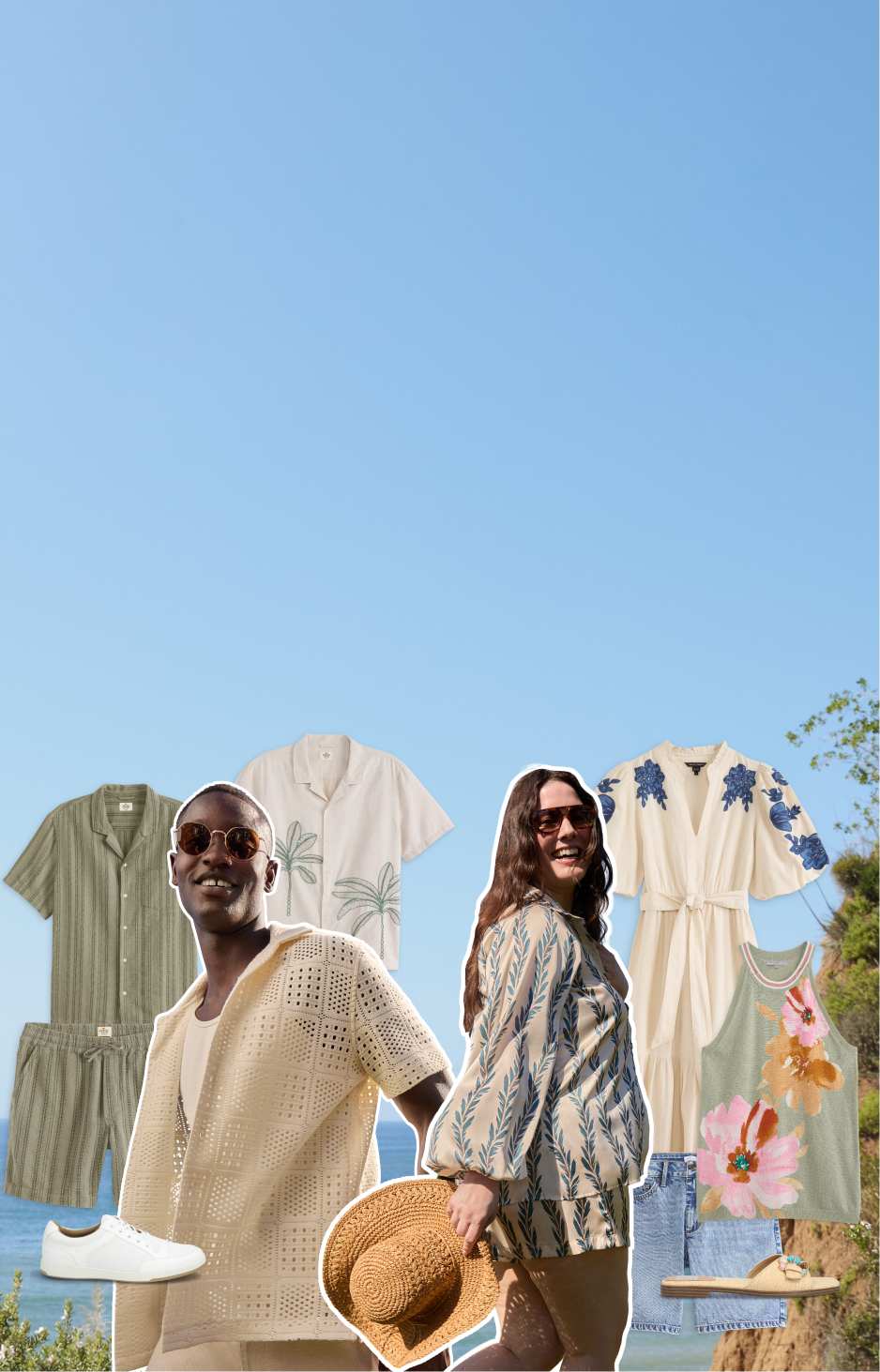Two women and two men model breezy coastal looks with knit sets, relaxed denim, lightweight layers, and soft neutral tones against an ocean backdrop surrounded by hanging resortwear and accessories.
