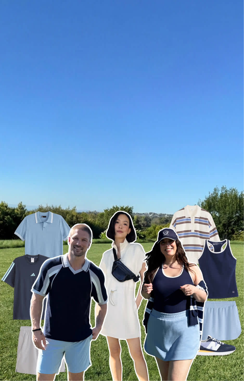 Two men and two women model sporty casual looks with polos, skorts, knit layers, and sneakers in soft blues, greens, and neutrals against an open grassy backdrop with hanging apparel and accessories.