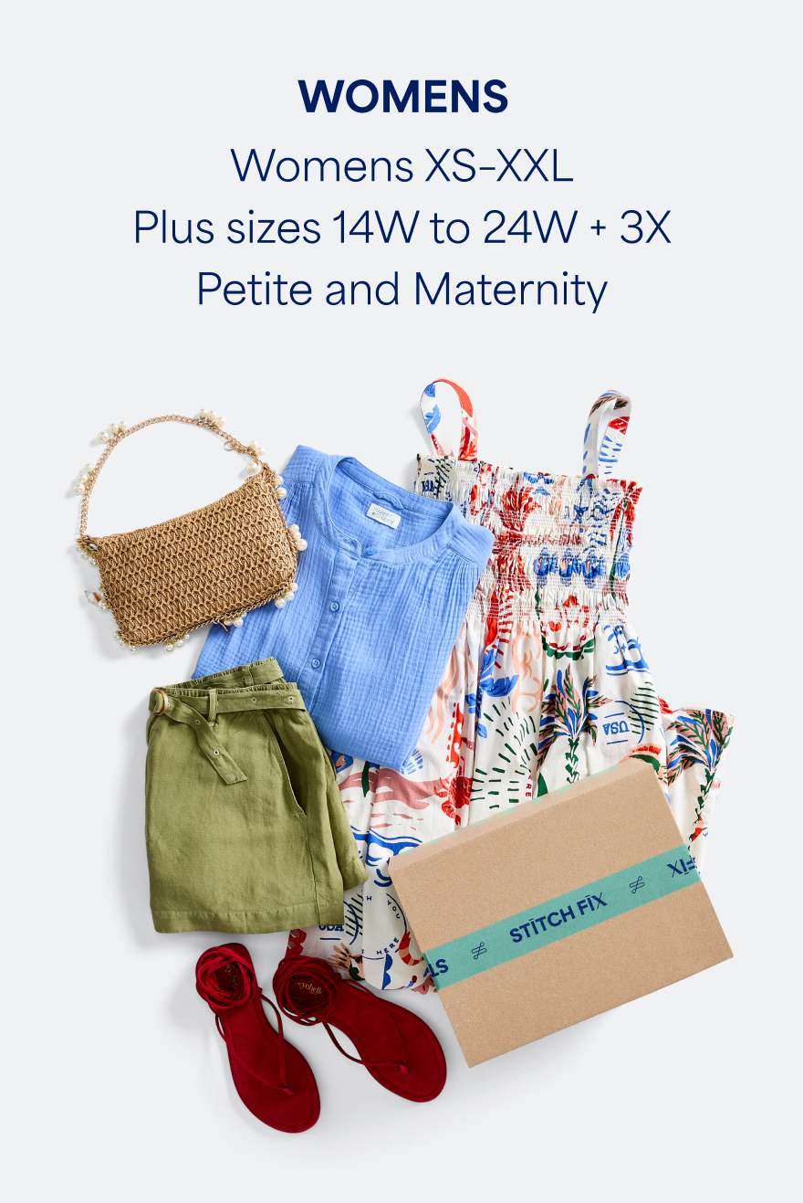 Women’s clothing and accessories with text: “WOMENS. Womens XS–XXL, Plus sizes 14W to 24W + 3X, Petite and Maternity.”