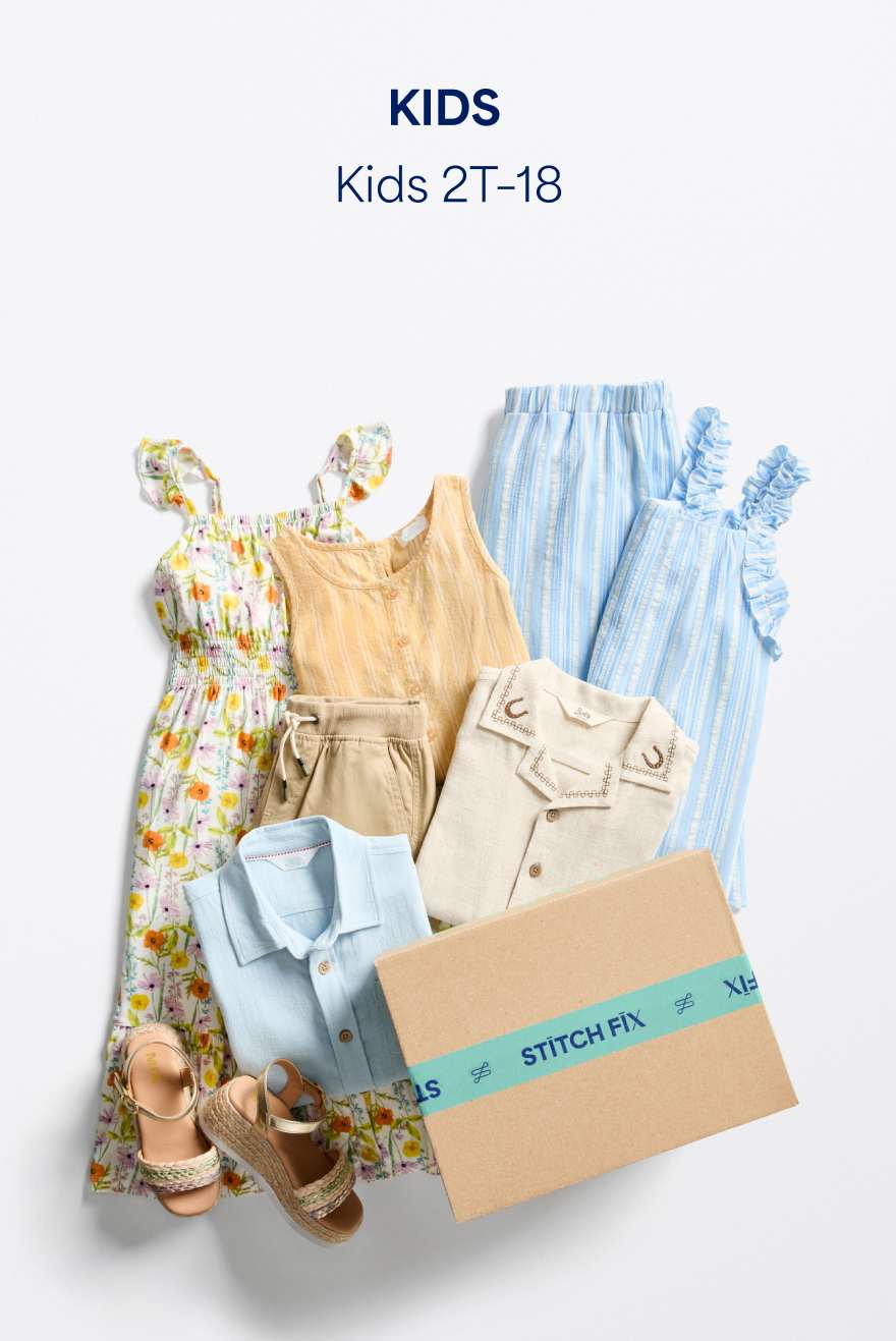 Kids’ clothing and sneakers with text: “KIDS. Kids 2T–18.”