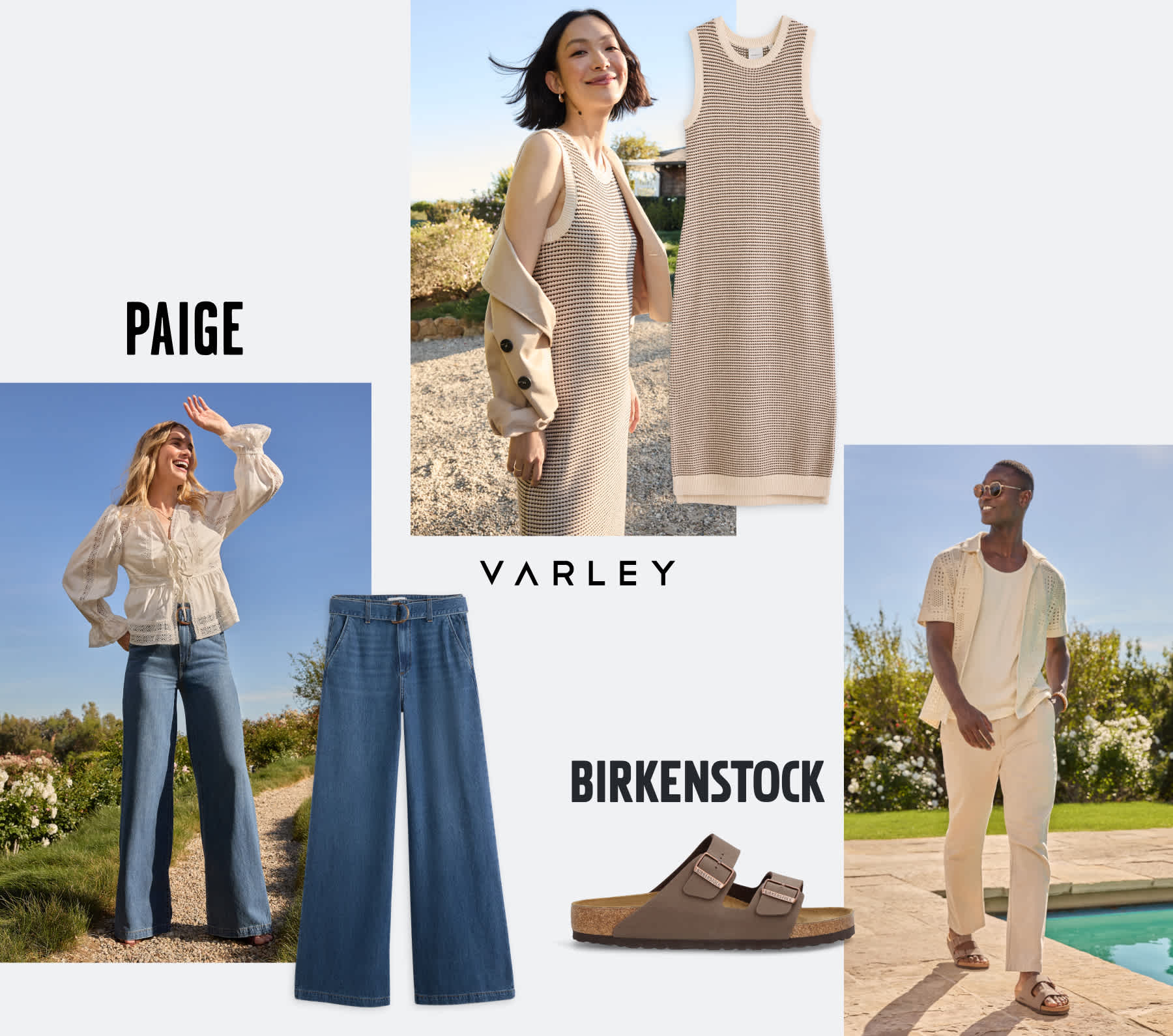 A collage of Stitch Fix items and a family posing. Man in cream jacket, rust tee, jeans and white sneakers with girls in pink and navy tops, jeans and sandals.