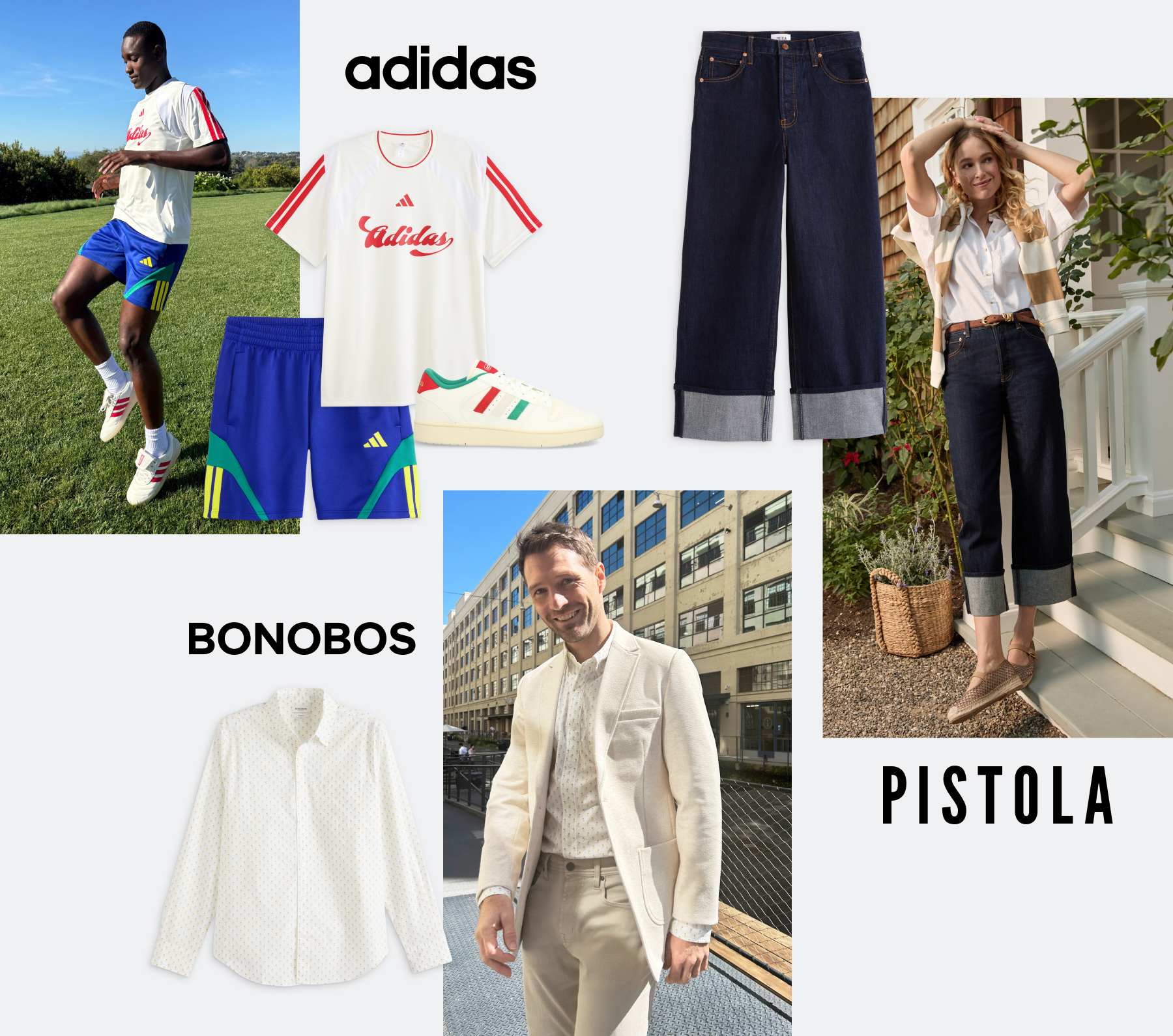 A collage of Stitch Fix items and a family posing. Man in cream jacket, rust tee, jeans and white sneakers with girls in pink and navy tops, jeans and sandals.