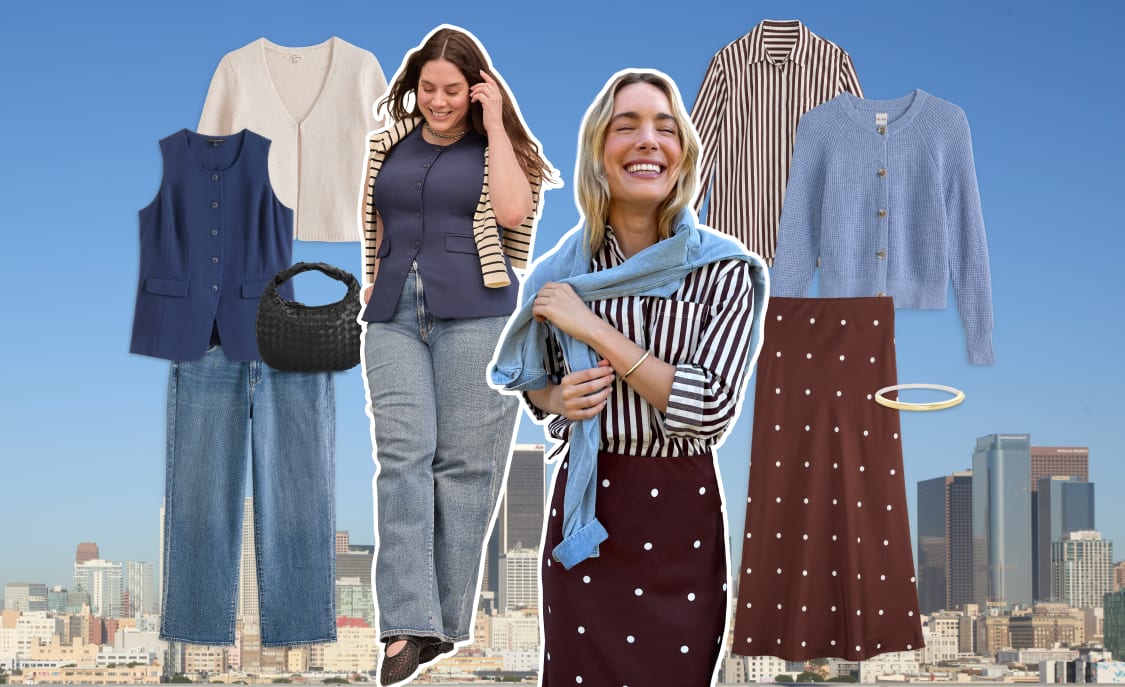 Women model polished workwear looks featuring tailored dresses, striped layers, and neutral separates styled with loafers, handbags, and office-ready accessories against a city backdrop.