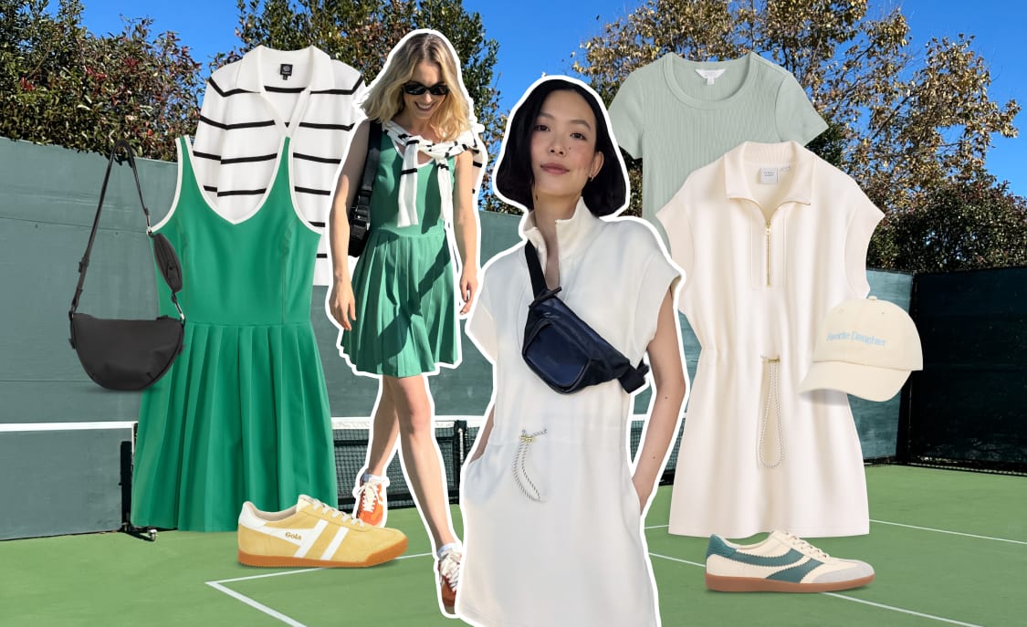 Women model sporty clubhouse-inspired outfits featuring skorts, knit layers, casual dresses, sneakers, and caps in coordinated blue, green, and neutral tones.