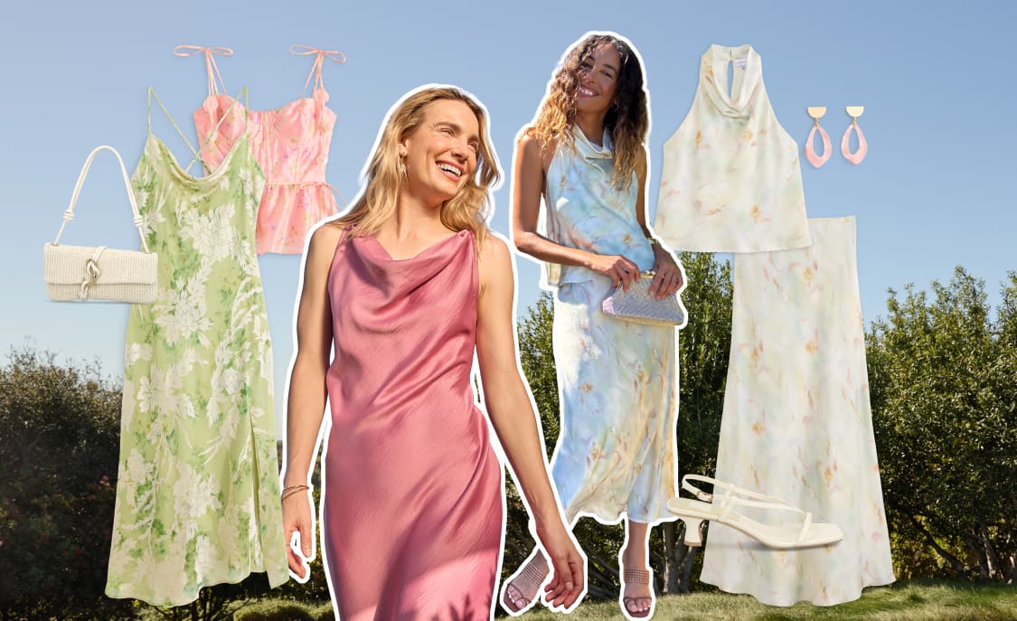 Women model pastel occasion dresses and floral styles for summer celebrations, surrounded by coordinating dresses, sandals, handbags, and accessories in soft seasonal colors.