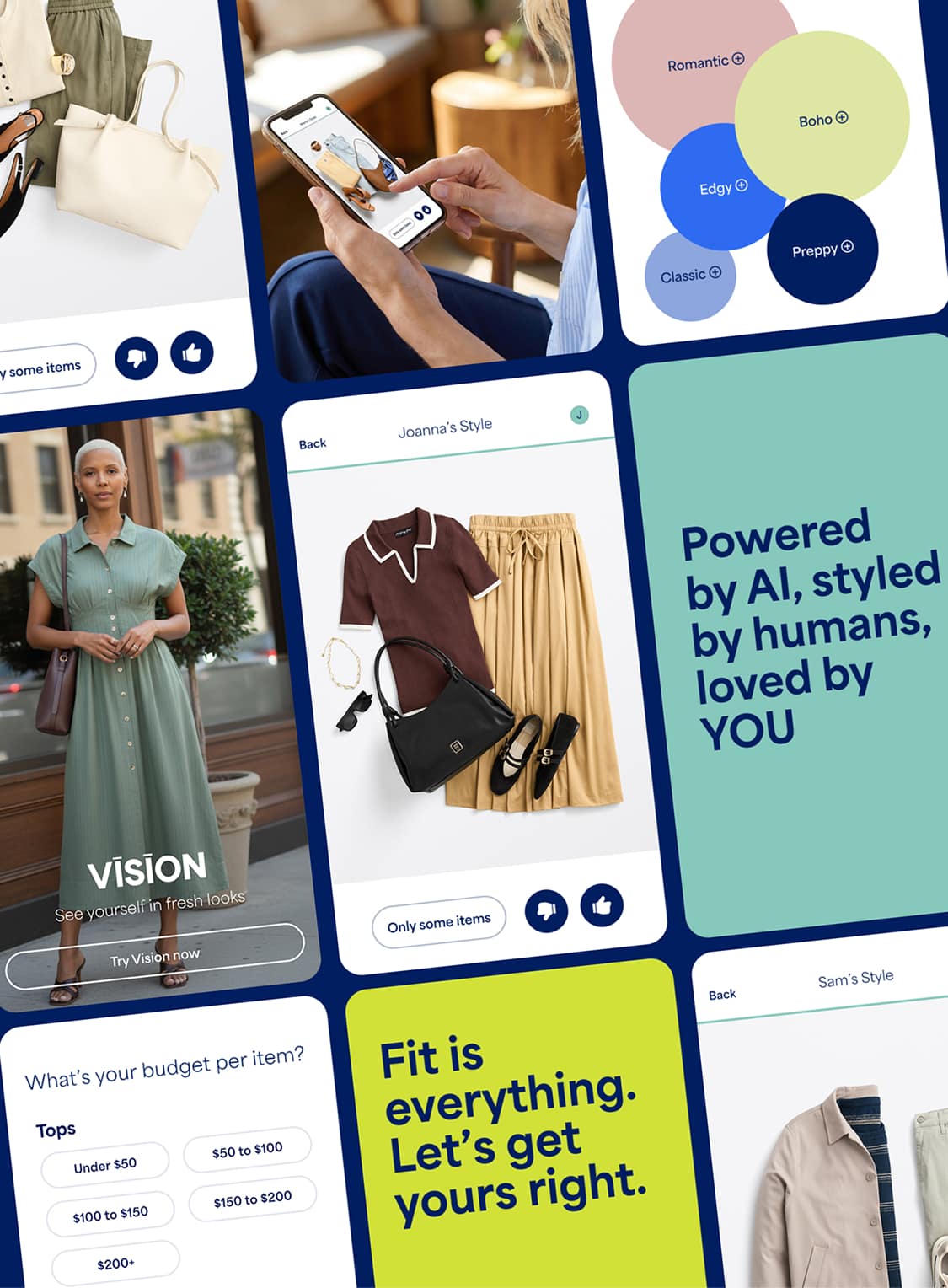 Collage of Stitch Fix styling tools and personalized recommendations. Images show a client reviewing outfit suggestions on a phone, style preferences including Romantic, Boho, Edgy, Classic, and Preppy, a virtual try-on experience labeled "Vision," personalized outfit recommendations for Joanna and Sam, budget selection options, and the messages: "Powered by AI, styled by humans, loved by YOU" and "Fit is everything. Let's get yours right."