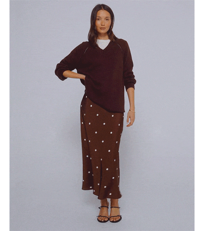 Grid featuring a model wearing versatile Stitch Fix outfits in a neutral color palette, including a brown sweater with a polka dot midi skirt, a striped knit maxi dress styled with a denim jacket, and a cream cardigan layered over a tan mini skirt with black knee-high boots, shown from multiple angles.