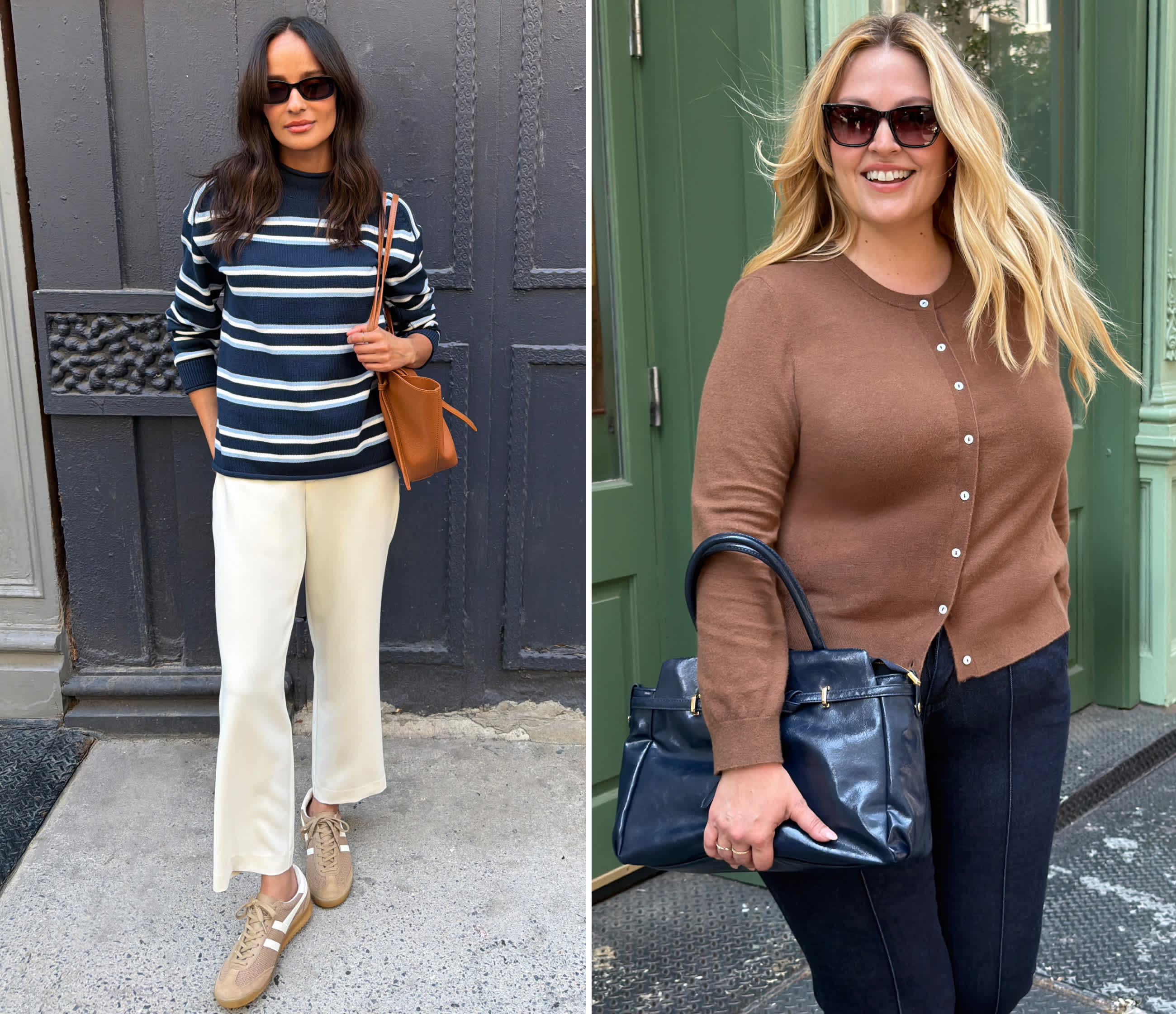 Two women model work-ready fall outfits outdoors. One wears a navy and white striped sweater with cream wide-leg pants and tan sneakers, while the other wears a brown cardigan with dark wide-leg jeans, black loafers, and a black leather handbag.