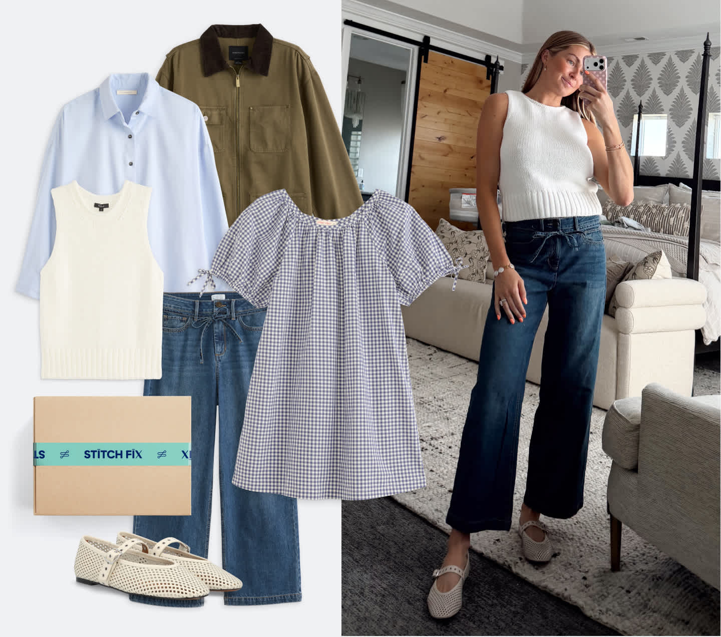 A collaged of women’s clothing such as a blue button-down, barn jacket, white knit tank top, drawstring jeans, ballet flats and gingham dress next to a Stitch Fix box. These items are slightly overlayed on to a mirror selfie of Lindsay Arnold, in a bedroom background, wearing the tank, jeans and flats.