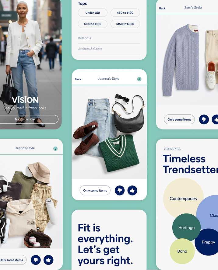 A promotional collage featuring Stitch Fix app experiences including Vision AI outfit previews, personalized style recommendations, style preference categories, and budget selection tools. Text includes “Powered by AI, styled by humans, loved by YOU,” “What’s your budget per item?”, and style labels such as “Boho,” “Romantic,” “Edgy,” “Classic,” and “Preppy.”