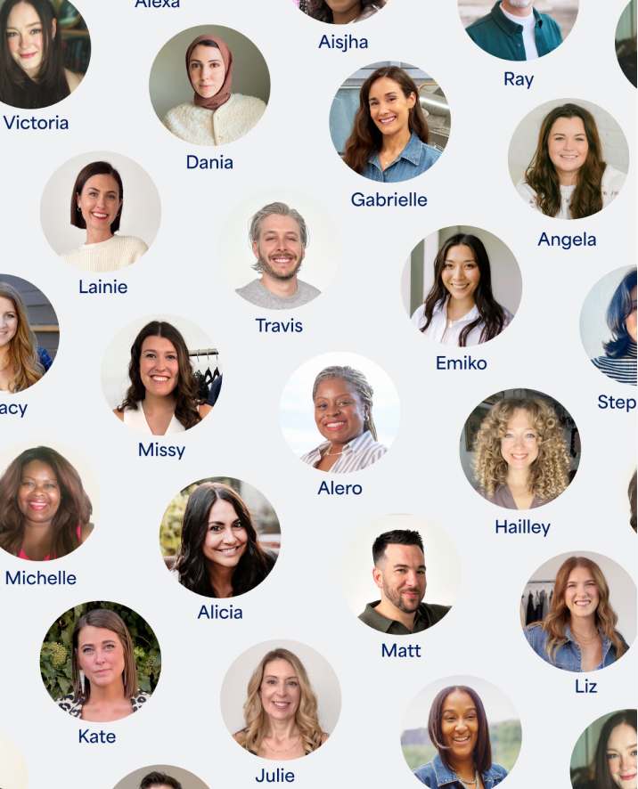 Grid of circular headshots of Stitch Fix stylists displayed on a teal background. Each portrait shows a smiling stylist, with their first name labeled below, including names such as Alexa, Aisjha, Ray, Dania, Gabrielle, Angela, Travis, Emiko, Missy, Alero, Alicia, Matt, Liz, Kate, Julie, Mika, and others. The collection highlights the diversity of the stylist team and the people behind the personalized styling experience.