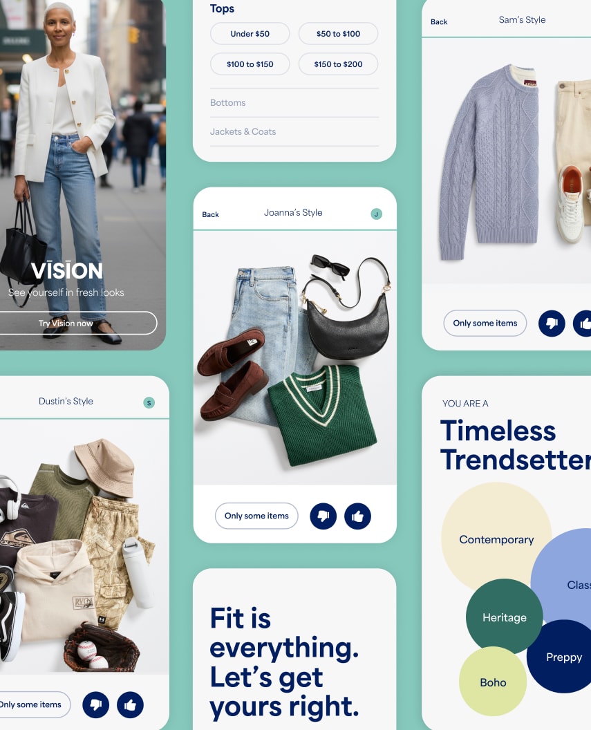 Grid layout of app screens featuring styled outfits, clothing items, footwear, accessories, and style categories