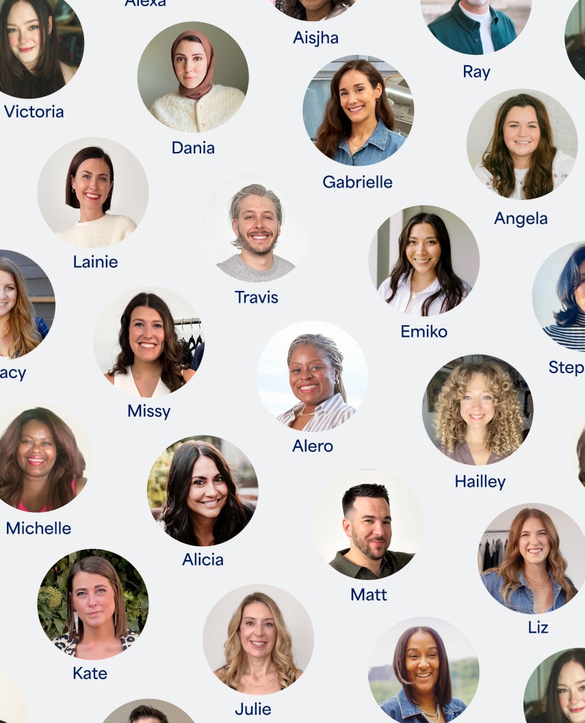 Grid of circular Stylist profile photos showing various men and women smiling against neutral backgrounds
