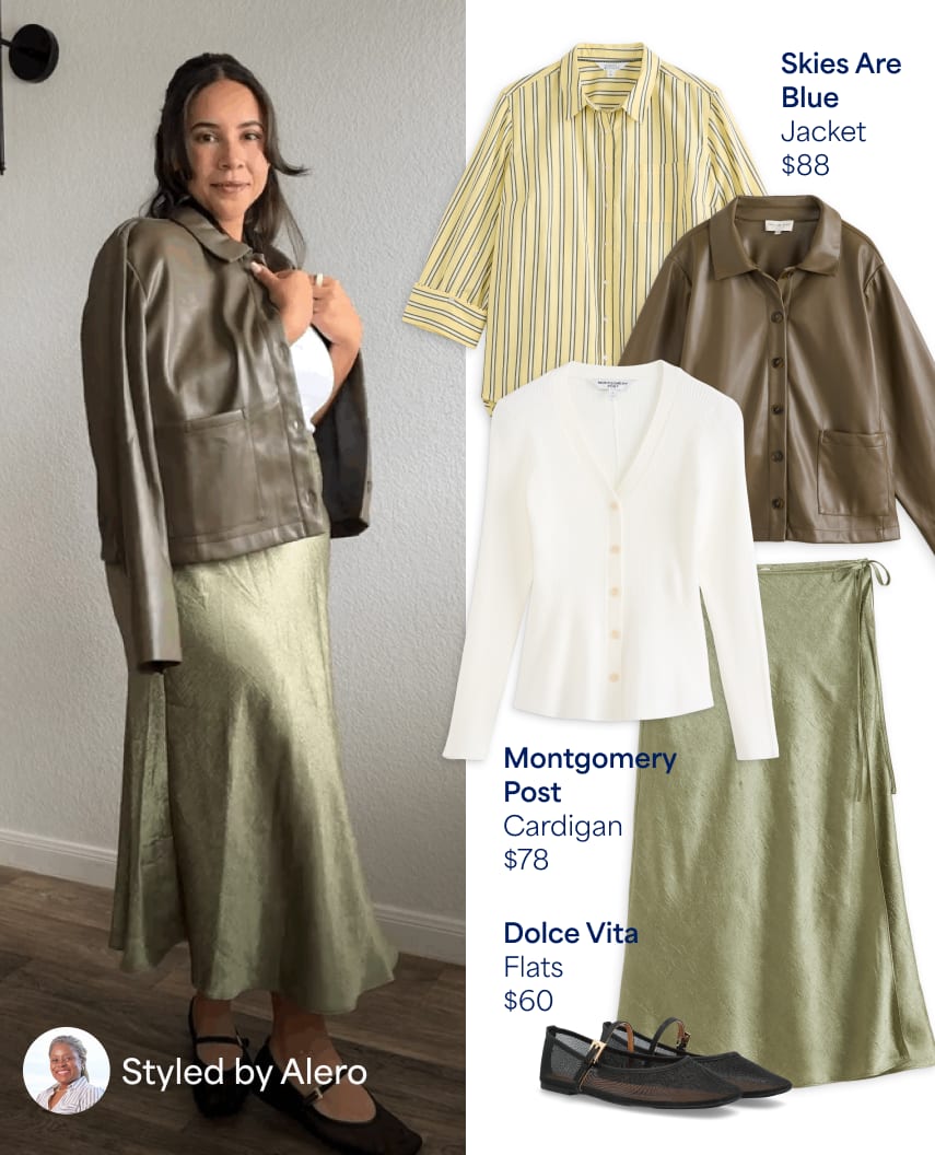 Woman in olive leather jacket, green skirt, white top, black mesh flats; styled clothing layout alongside. Styled by Alero