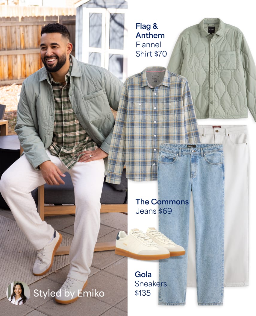 Man wearing a light green quilted jacket, green plaid shirt, cream pants, and white sneakers with gum soles and images of individual items. Styled by Emiko
