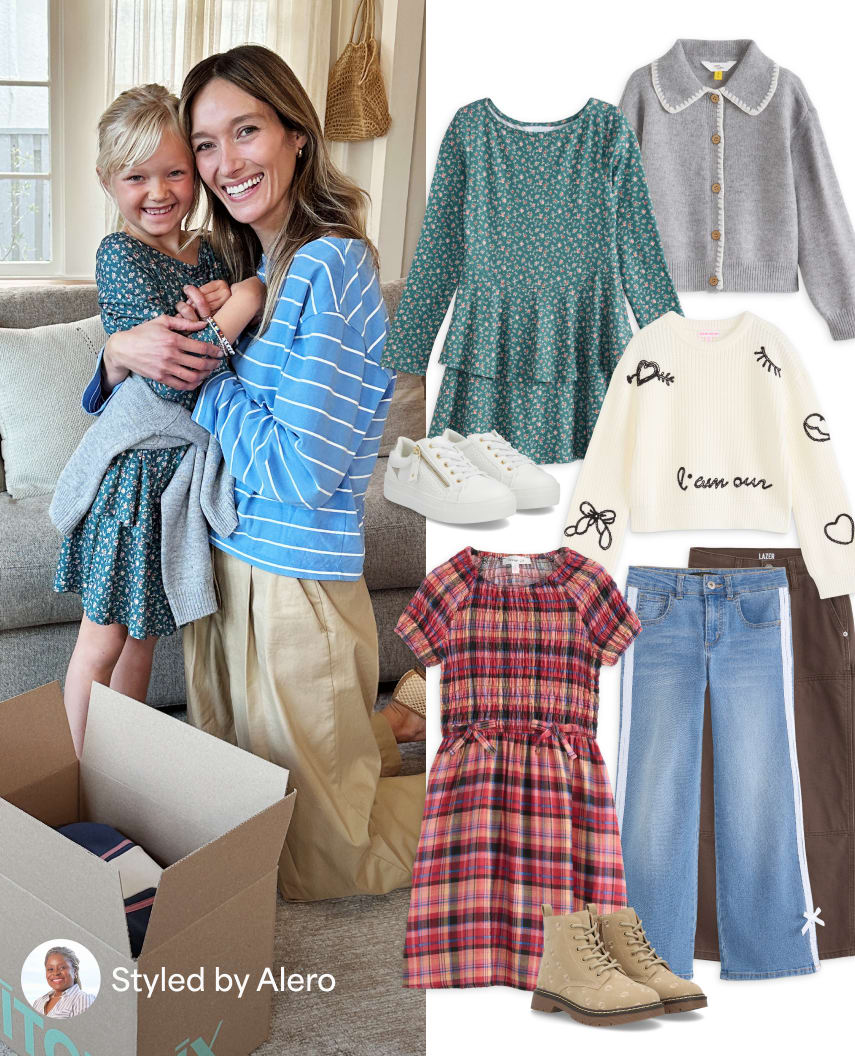 Woman in blue striped shirt and tan pants next to a child, beside laid-out kids dresses, sweaters, jeans, and boots. Styled by Alero