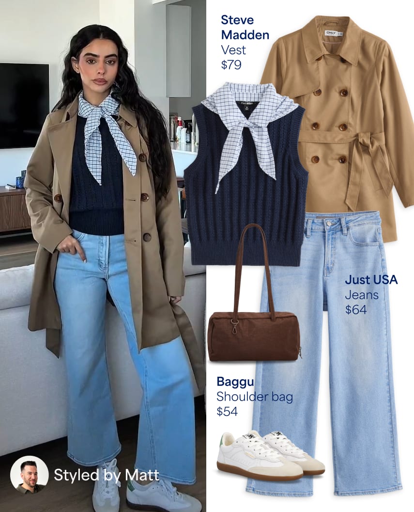 Woman wearing a tan trench coat, navy vest, blue checked scarf, light jeans, white sneakers, brown bag. Styled by Matt