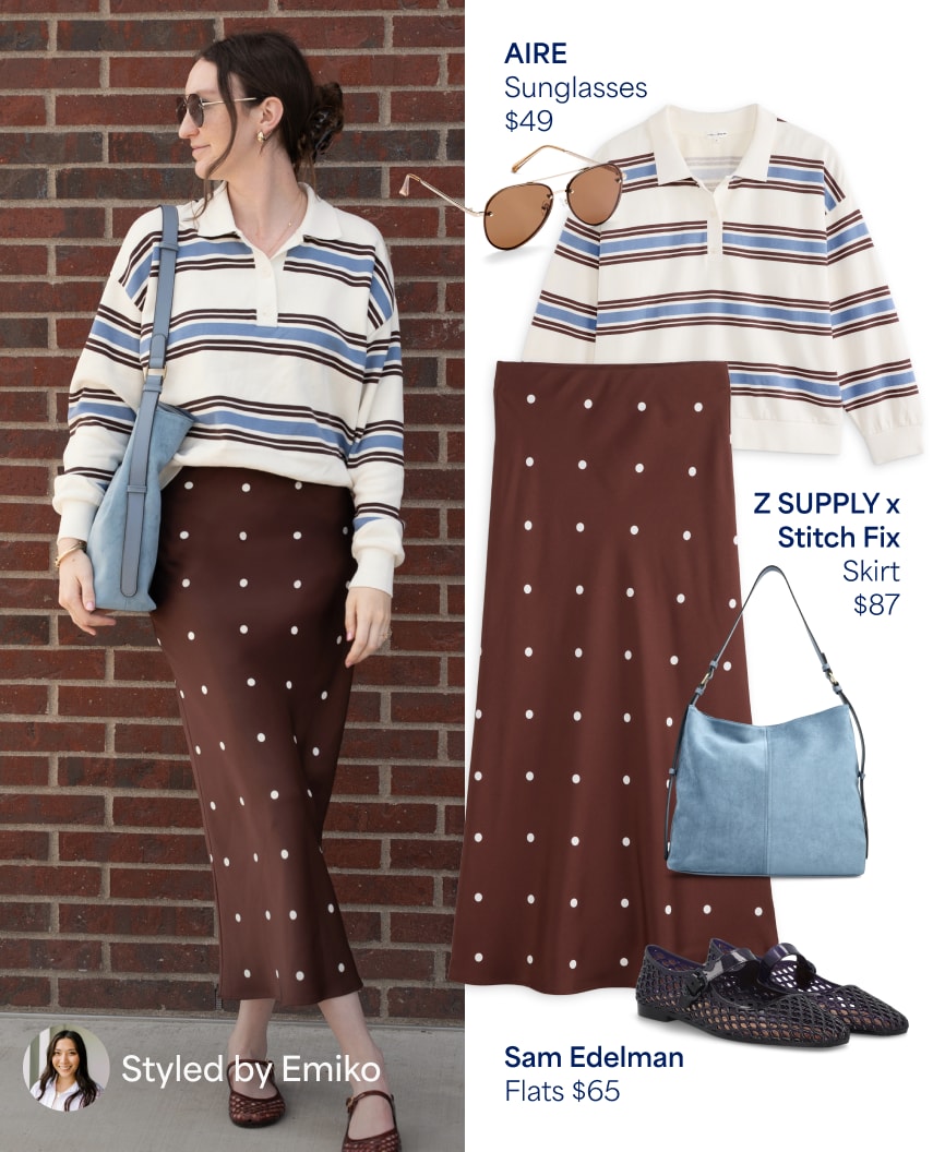 Diptych showing a woman wearing a striped polo sweater, polka dot skirt, brown shoes, light blue tote bag. Amy’s Fix. Budget $50-150 per item.The ask: try new trends