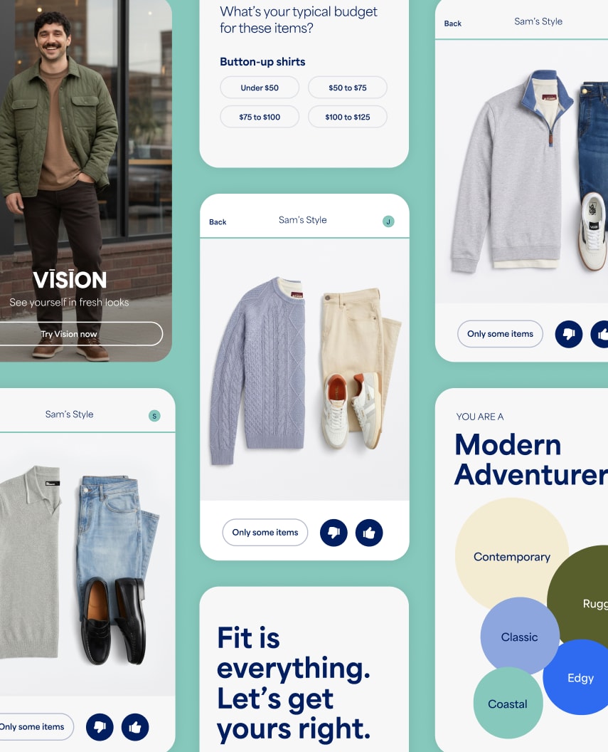 Grid layout of mobile app screens displaying menswear outfits, styled clothing flat lays, footwear, and style profiles