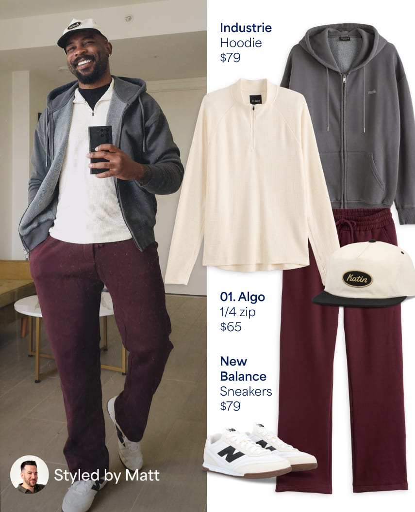 Diptych showing a man in a grey hoodie, white top, maroon sweatpants, hat, and sneakers with a layout of the outfit. Ike’s Fix: $50-100 per item. The ask: working out or chilling