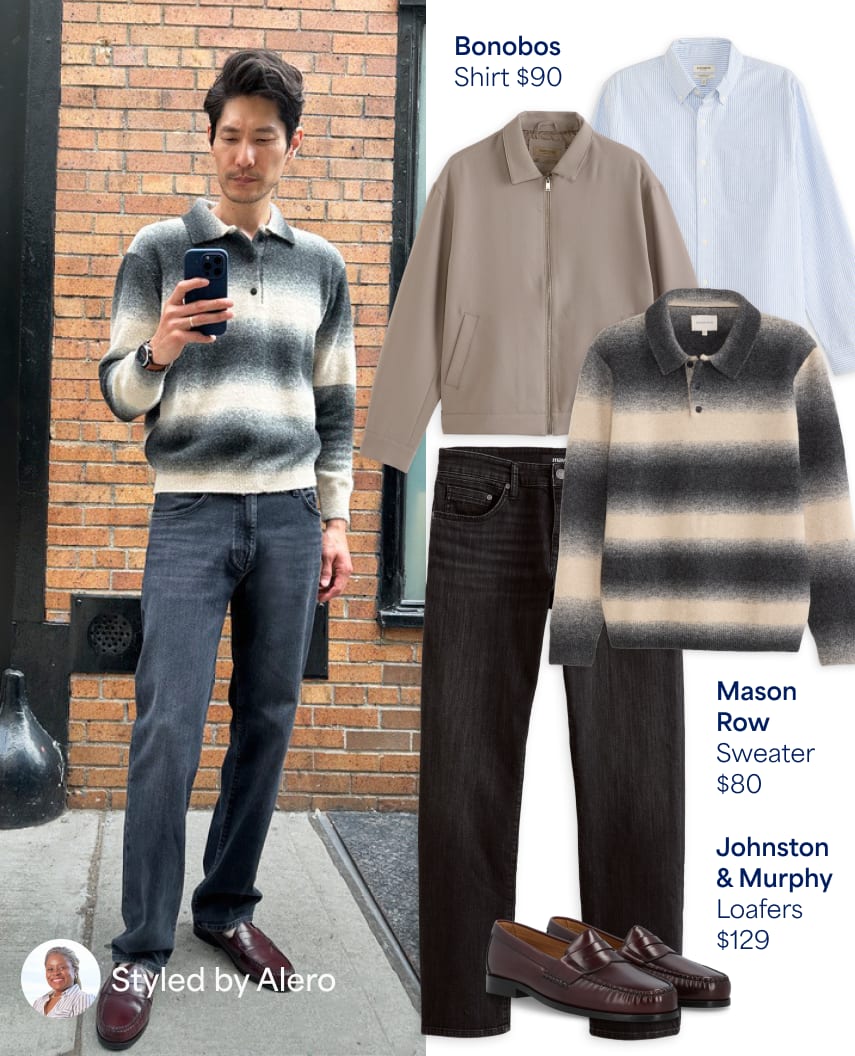Diptych showing a man taking a selfie in a striped polo sweater and grey jeans, alongside a layout of the outfit. Daniel’s Fix. Budget $50-150 per item. The ask: easy workwear