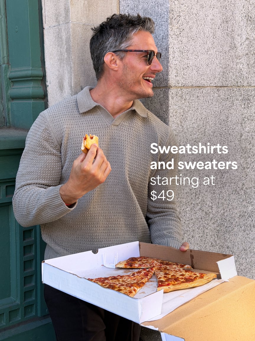 Man wearing a grey waffle-knit long-sleeve polo shirt holding a slice of pizza. Text: Sweatshirts and sweaters starting at $49