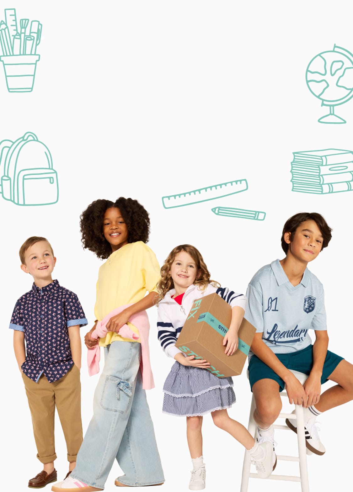 Four children in casual outfits: navy printed shirt, yellow top with light jeans, light blue polo shirt, and striped pullover
