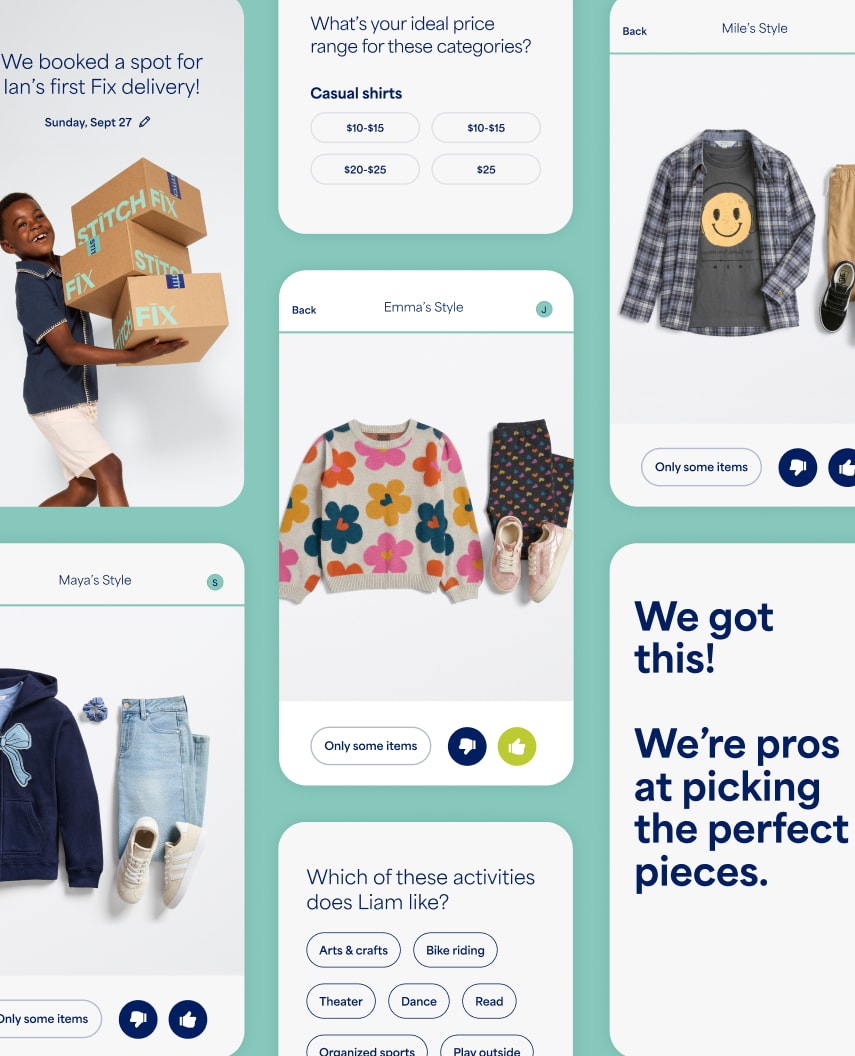 Grid layout of app screens featuring styled children's outfits, clothing items, footwear, and style profile choices