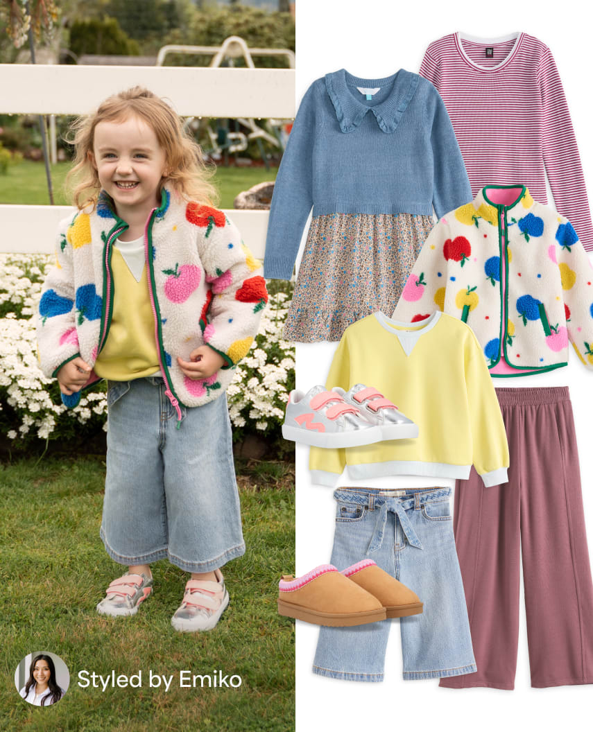 Child in apple fleece jacket, yellow top, wide jeans, alongside a flat lay layout of styled children's clothing. Text: Olivia’s Fix