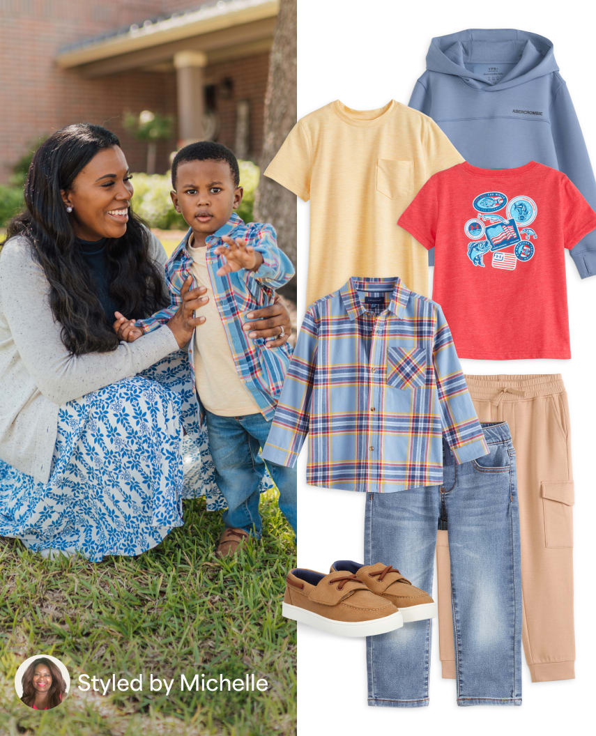 Woman with young child in blue plaid shirt, alongside a flat lay layout of yellow tee, blue hoodie, jeans, and shoes. Text: Tru’s Fix